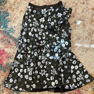 ASOS Black Floral Ruffle Midi Skirt with White and Green Print